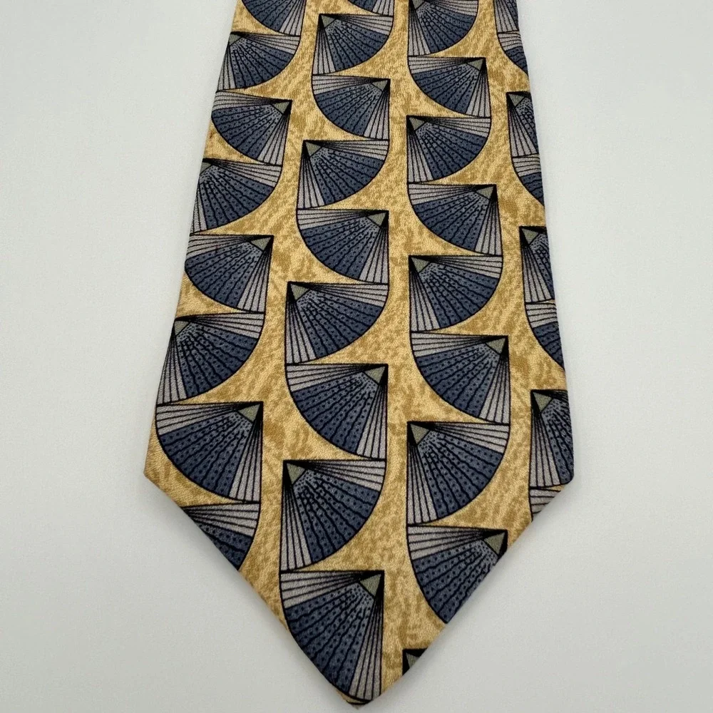 Courreges Homme Necktie Mens OS Tan Blue Silk Geometric Art Deco 90s Vintage